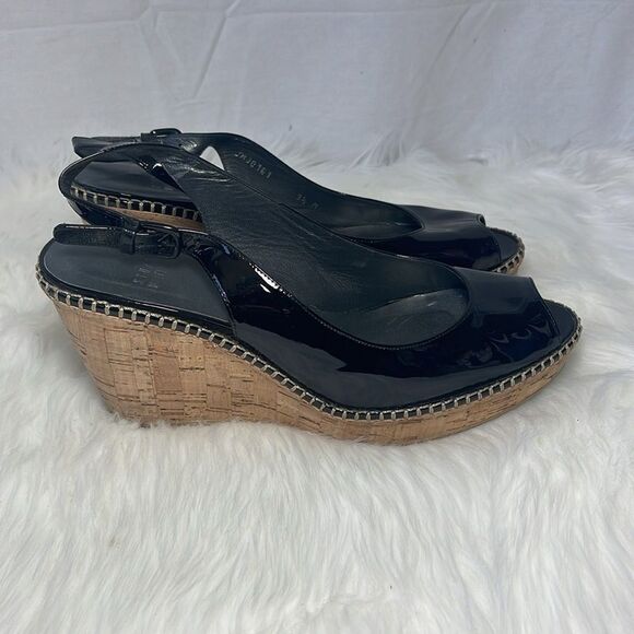 Stuart Weitzman Black Patent Topstitched Slingback Cork Wedge Heels Sz 9.5 - Picture 4 of 6